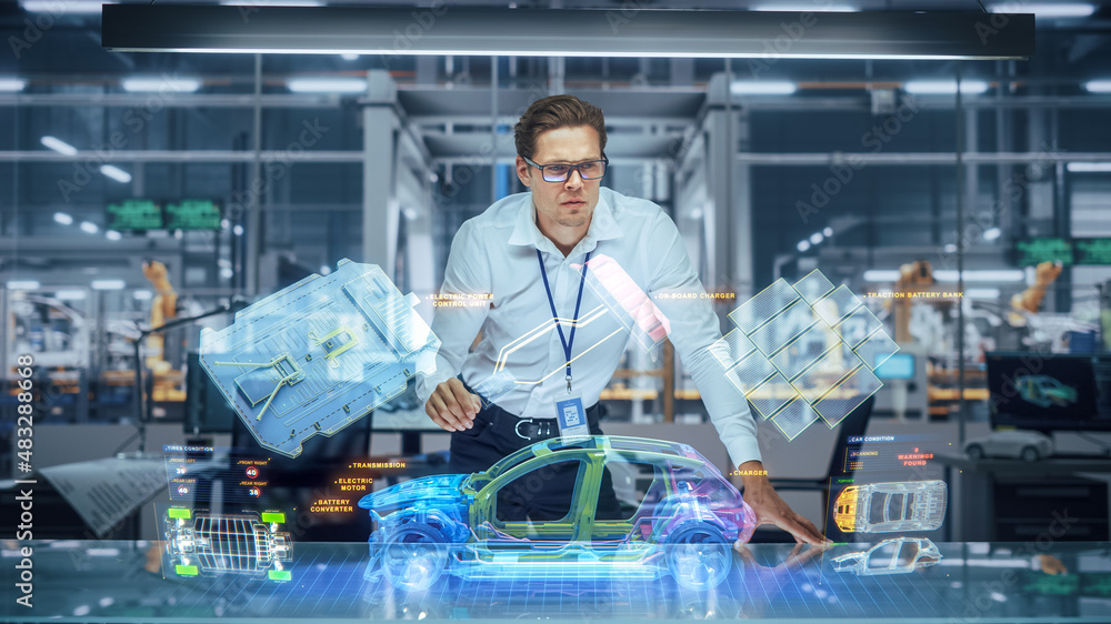 Poster sustainable industrial design: portrait of modern automotive engineer using augmented reality to con