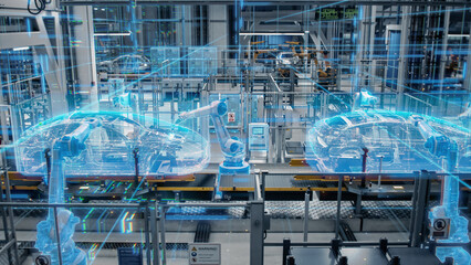 Side-View Car Factory Digitalization: Automated Robot Arm Assembly Line Manufacturing High-Tech...
