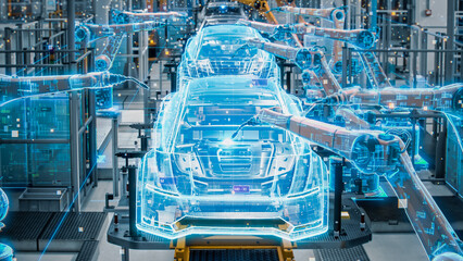 Front View Car Factory Digitalization: Automated Robot Arm Assembly Line Manufacturing High-Tech...