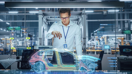 Sustainable Industrial Design: Portrait of Modern Automotive Engineer Using Augmented Reality to Construct 3D Hologram Model of High-Tech Electric Car. Automated Vehicle Manufacturing Facility
