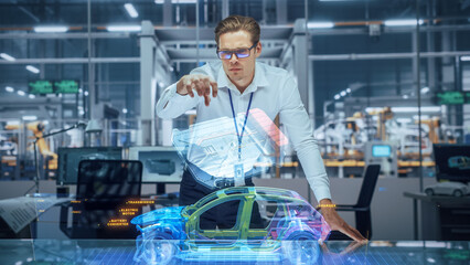 Sustainable Industrial Design: Portrait of Modern Automotive Engineer Using Augmented Reality to Construct 3D Hologram Model of High-Tech Electric Car. Automated Vehicle Manufacturing Facility