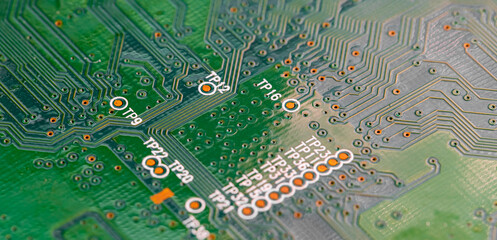 Macro Close up of printed wiring on PC circuit board.