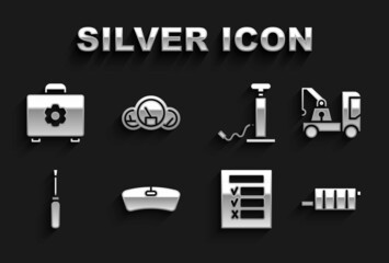 Set Windshield, Tow truck, Car muffler, inspection, Screwdriver, air pump, Toolbox and Speedometer icon. Vector