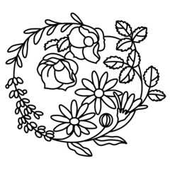 ラベンダーやハマナス、カレンデュラ等、ハーブの花や葉のリース。
ベクターイラスト。
白黒線画。