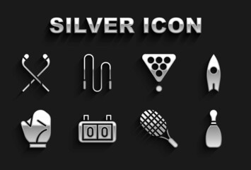 Set Sport mechanical scoreboard, Surfboard, Bowling pin, Tennis racket, Baseball glove, Billiard balls triangle, Ice hockey sticks and Jump rope icon. Vector
