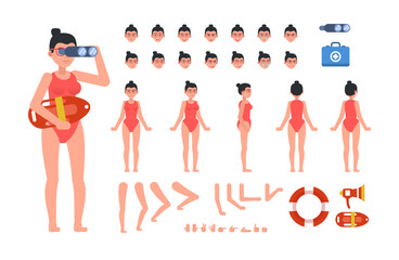 Female lifeguard, woman in bikini creation kit. Create your own pose, action, animation. Various gestures, emotions, design elements. Modern vector illustration