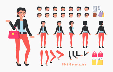 Cheerful business woman creation kit. Create your own action, pose, animation. Modern vector illustration