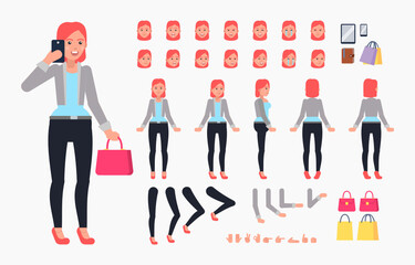 Cheerful business woman creation kit. Create your own action, pose, animation. Modern vector illustration