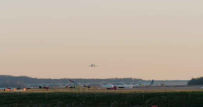 Wide shot Of Commercial Jet Landing At Washington D.C.&rsquo;s DCA Airport