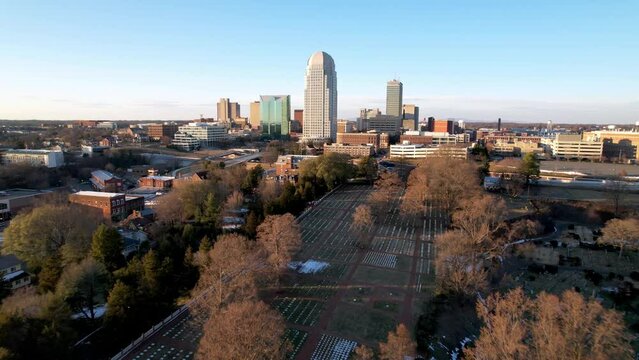 aerial fast push into winston salem skyline