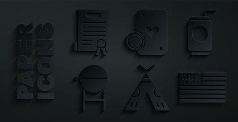 Set Indian teepee or wigwam, Soda can with straw, Barbecue grill, American flag, Casino chip and playing cards and Declaration of independence icon. Vector © Kostiantyn