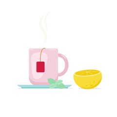 A mug of hot tea and half a lemon. Vector illustration in flat style.