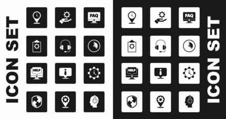 Set Computer monitor and FAQ, Headphones, Checklist with 24 hours service, Location clock, Time Management, Settings in the hand, and help icon. Vector