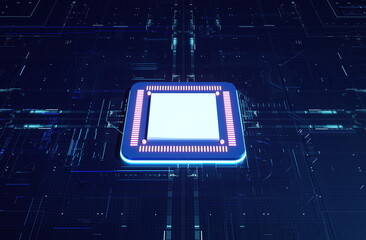 3D rendering of cyberpunk AI. Circuit board. Technology background. Central Computer Processors CPU and GPU concept. Motherboard digital chip. Tech science background.