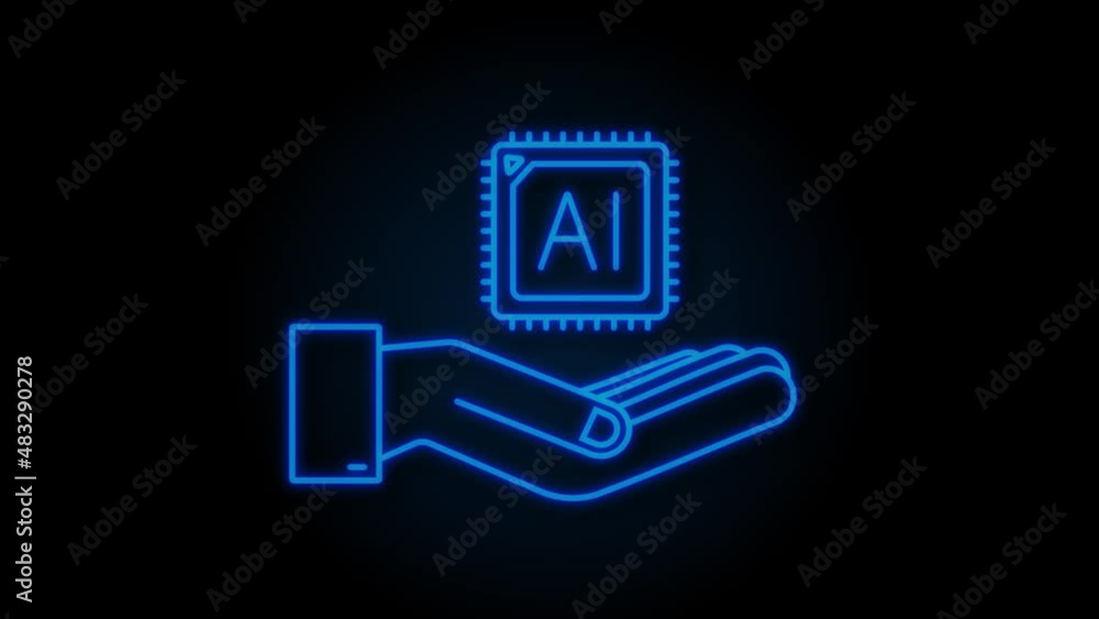 Aufkleber neon artificial intelligence landing page. ai icon with hands. website template for deep learning co