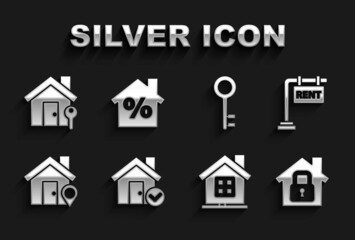 Set House with check mark, Hanging sign Rent, under protection, Location house, key, and percant discount icon. Vector