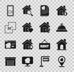 Set Location with house, House, Hotel service bell, contract, heart shape, plan, Closed door and key icon. Vector