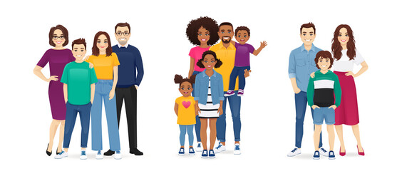 Parents with kids vector illustration isolated. Happy family portrait set. Mother and father with daughter and son - Powered by Adobe