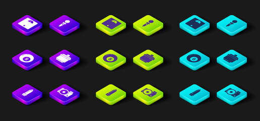 Set Pencil with eraser, Photo camera, Billiard pool snooker ball, Cooking pot, Joystick for arcade machine and Bathroom scales icon. Vector