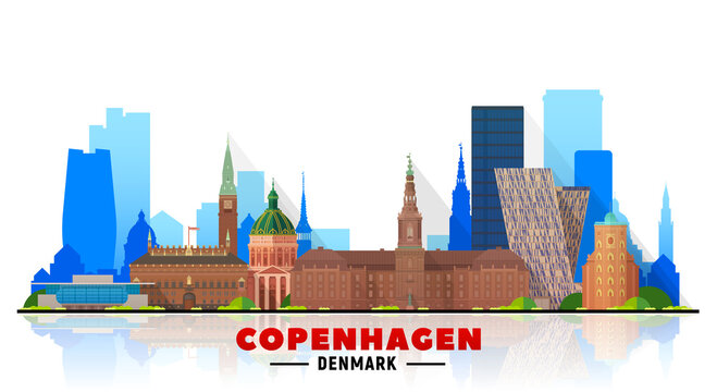Copenhagen (Denmark) skyline with panorama on white background. Vector Illustration. Business travel and tourism concept with modern buildings. Image for presentation, banner, website.