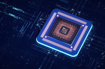 3D rendering of cyberpunk AI. Circuit board. Technology background. Central Computer Processors CPU and GPU concept. Motherboard digital chip. Tech science background.
