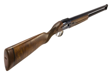 French double-barreled shotgun with vertical barrels. gun for hunting on a white background isolate