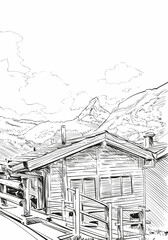 Zermatt tourist resort. Switzerland. Europe. Beautiful landscape. Hand drawn sketch vector illustration