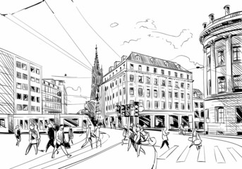Switzerland. Europe city sketch. Hand drawn vector illustration.