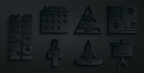 Set Rocket, Folded map with location, Stage stand or tribune, Chalkboard, Pyramid chart infographics and Calendar icon. Vector