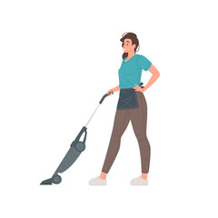 Smiling young housewife in apron cleaning floor use vacuum cleaner vector flat illustration