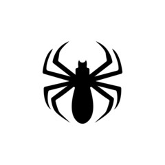 Spider Black Widow. Black bug spider silhouette, isolated white background. Scary Halloween icon, symbol horror, animal arachnid, creepy dangerous insect, arachnophobia fear. Vector illustration