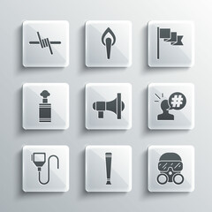 Set Police rubber baton, Gas mask, Protest, Megaphone, Walkie talkie, Hand grenade, Barbed wire and Location marker icon. Vector
