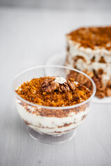 portioned homemade cake dessert with honey and walnuts