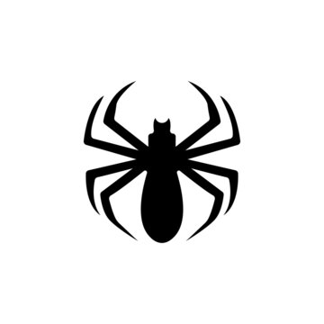 Spider Black Widow. Black bug spider silhouette, isolated white background. Scary Halloween icon, symbol horror, animal arachnid, creepy dangerous insect, arachnophobia fear. Vector illustration