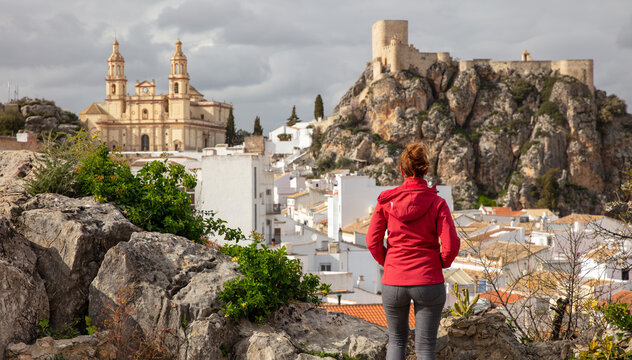 woman traveler looking at city landscape view- Olvera,  Andalusia