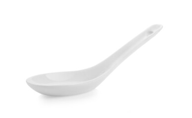 White ceramic spoon for soup on white background