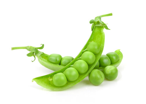 Green pea pod with beans on white background