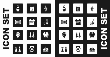 Set Rocket ship, USSR t-shirt, Accordion, Russian doll matryoshka, Bottle of vodka with glass, Calendar 12 june, Kosovorotka and Location icon. Vector