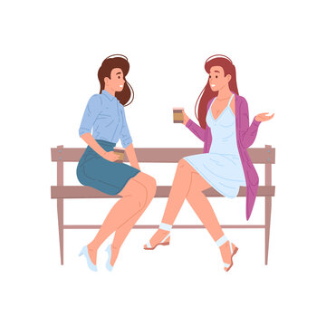 Two young modern woman talking drinking coffee sitting on bench outdoor enjoying friendship vector