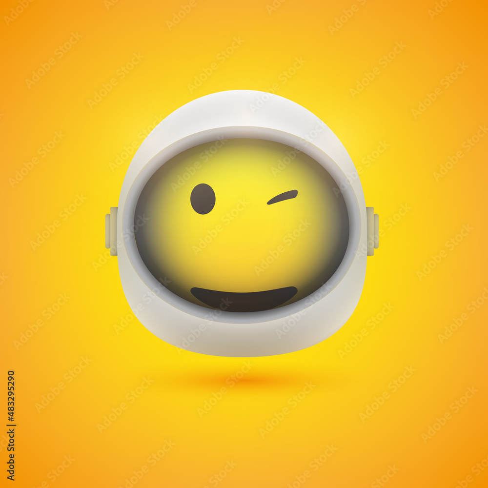Poster smiling happy winking spaceman emoji in space suit with helmet on - emoticon vector design for web o