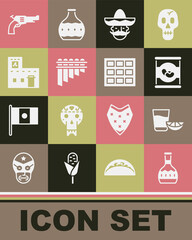 Set Tequila bottle, glass with lemon, Beans in can, Mexican man sombrero, Pan flute, house, Revolver gun and Chocolate bar icon. Vector