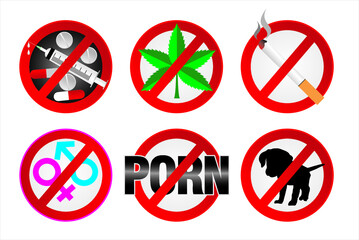Set of warning signs. Warning sign symbol no smoking, no sex, no marijuana, no, no porn, no dogs vector illustration 