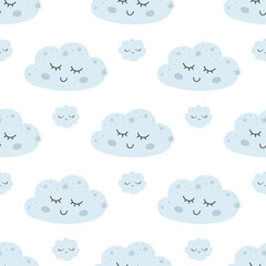 Baby clouds pattern. Nursery dream seamless pattern. Light blue kids sky background. Cute graphic design with smiling, sleeping clouds. Baby illustration.
