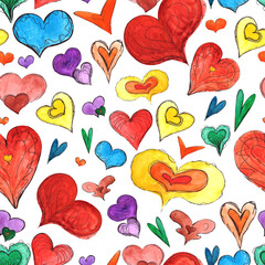 watercolor pattern of colorful hearts on a white background, valentines for a special day