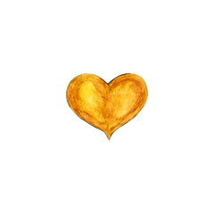 watercolor heart precious from gold isolated on white background, shiny valentine for lovers and card design