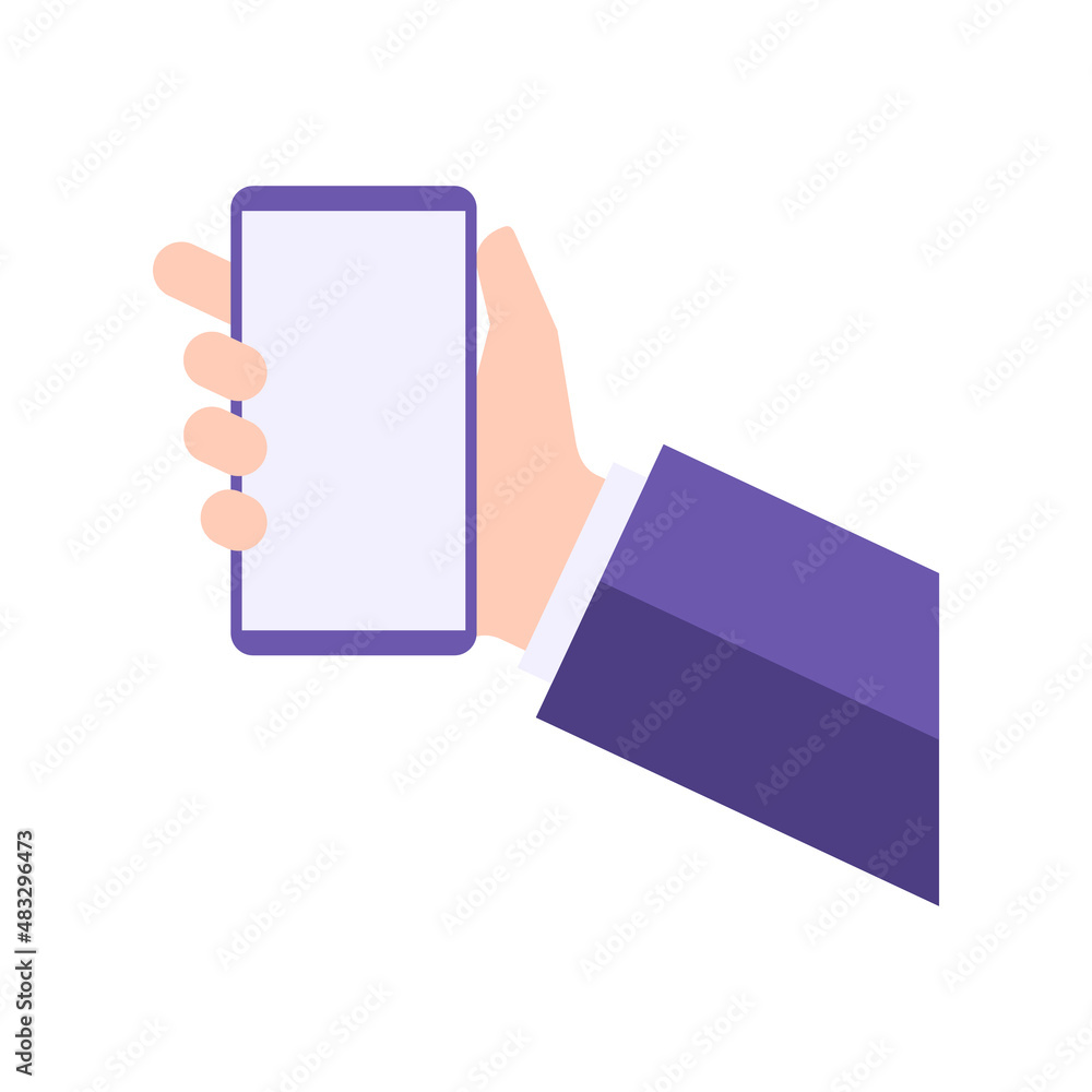 Poster human hand in suit vertical holding smartphone with empty screen useful application user interface