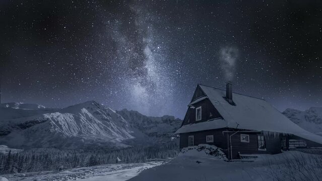 Milky way over mountain cottage in winter, Tatras, Poland