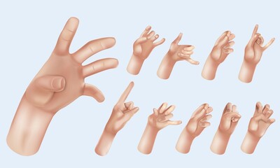 Set of cartoon 3d hands . Hand group. Peace sign, ok sign tap, point out hand, high five hand Men and women arms Decoration 3d object isolated. Vector illustration