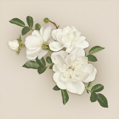White rose flowers and green leaves in a floral arrangement on beige