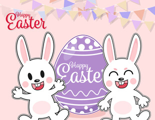 Happy Easter greeting card vector design with chick, bunny and Easter Eggs concept , Animal wildlife holidays cartoon character, little cute rabbit in spring season and coppy space for text.